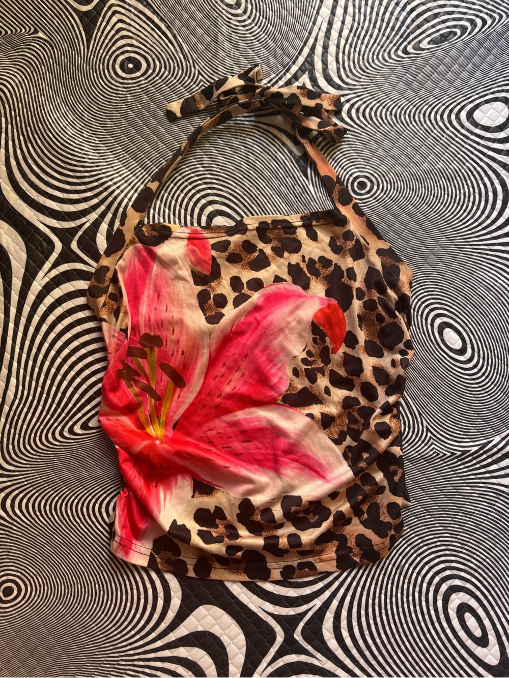 Women’s Leopard Halter Tank Top with Pink Floral Accent